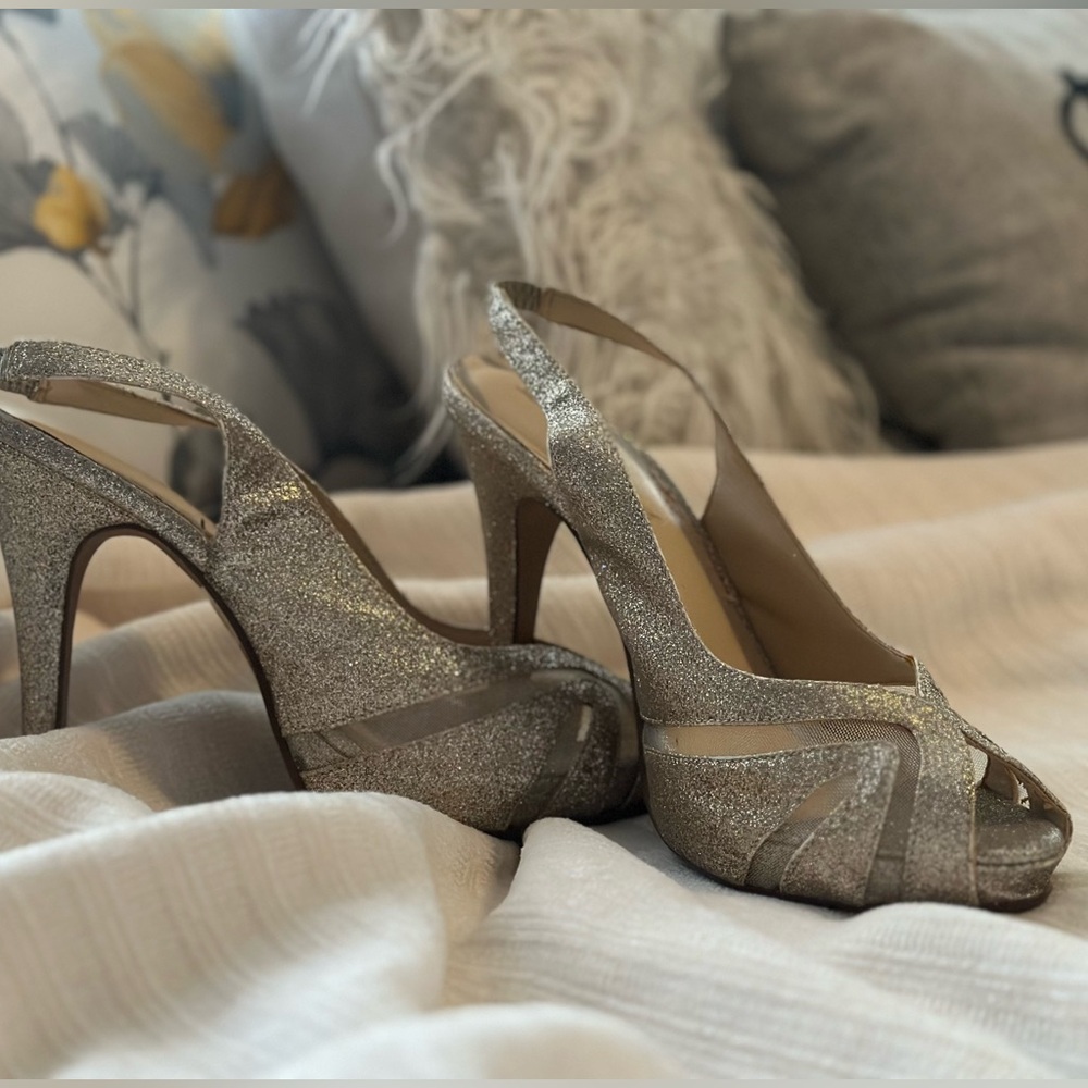 Lulu Townsend Silver Glitter Peep-Toe Heels